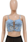 Blue Sexy Street Solid Hollowed Out Patchwork Metal Accessories Decoration Chains Asymmetrical Spaghetti Strap Tops