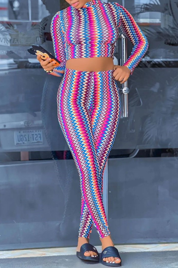 Multicolor Fashion Casual Print Patchwork O Neck Long Sleeve Two Pieces