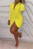 Yellow Fashion Casual Solid Bandage Patchwork V Neck Long Sleeve Dresses