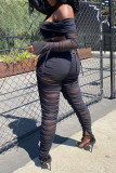 Black Sexy Solid Patchwork See-through Fold Off the Shoulder Long Sleeve Two Pieces