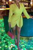 Yellow Fashion Casual Solid Bandage Patchwork V Neck Long Sleeve Dresses