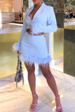 Blue Fashion Solid Tassel Turndown Collar Long Sleeve Two Pieces