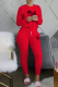 Red Fashion Print Fold O Neck Long Sleeve Two Pieces