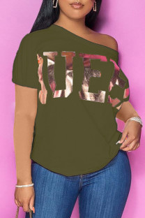 Army Green Casual Bronzing Patchwork Oblique Collar T-Shirts