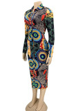 Multicolor Sexy Print Patchwork Buckle Turndown Collar Pencil Skirt Dresses
