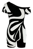 Black Fashion Sexy Print Patchwork Oblique Collar Regular Rompers