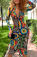 Multicolor Sexy Print Patchwork Buckle Turndown Collar Pencil Skirt Dresses