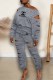 Grey Fashion Casual Print Hollowed Out Letter Oblique Collar Long Sleeve Two Pieces