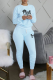 Light Blue Fashion Print Fold O Neck Long Sleeve Two Pieces