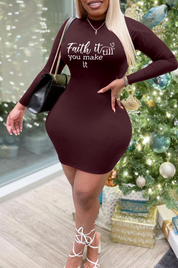 Burgundy Sexy Print Patchwork Half A Turtleneck Pencil Skirt Dresses