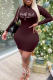 Burgundy Sexy Print Patchwork Half A Turtleneck Pencil Skirt Dresses