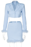 Blue Fashion Solid Tassel Turndown Collar Long Sleeve Two Pieces