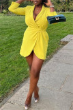 Yellow Fashion Casual Solid Bandage Patchwork V Neck Long Sleeve Dresses
