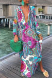 Turquoise Fashion Sexy Print Patchwork V Neck Straight Dresses