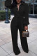 Black Casual Solid Patchwork Buckle Turndown Collar Long Sleeve Two Pieces