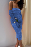 Blue Sexy Solid Fold Strapless Pencil Skirt Dresses