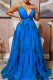 Blue Sexy Print Patchwork Fold Halter A Line Dresses