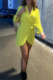 Yellow Fashion Casual Solid Bandage Patchwork V Neck Long Sleeve Dresses
