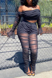 Black Sexy Solid Patchwork See-through Fold Off the Shoulder Long Sleeve Two Pieces