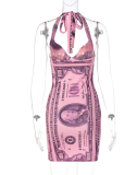 Rose Red Sexy Print Patchwork Spaghetti Strap Pencil Skirt Dresses