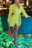 Yellow Fashion Casual Solid Bandage Patchwork V Neck Long Sleeve Dresses