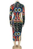 Multicolor Sexy Print Patchwork Buckle Turndown Collar Pencil Skirt Dresses