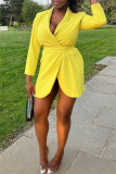 Yellow Fashion Casual Solid Bandage Patchwork V Neck Long Sleeve Dresses