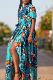 Blue Casual Print Bandage Patchwork With Belt V Neck Straight Dresses