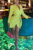 Yellow Fashion Casual Solid Bandage Patchwork V Neck Long Sleeve Dresses