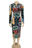 Multicolor Sexy Print Patchwork Buckle Turndown Collar Pencil Skirt Dresses