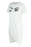 White Casual Print Patchwork Asymmetrical O Neck One Step Skirt Dresses