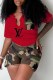 Red Fashion Casual Print Letter V Neck Short Sleeve Two Pieces