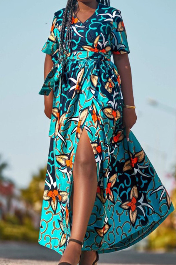 Blue Casual Print Bandage Patchwork With Belt V Neck Straight Dresses