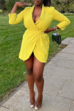 Yellow Fashion Casual Solid Bandage Patchwork V Neck Long Sleeve Dresses