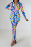 Blue Fashion Print Patchwork Turndown Collar Shirt Dress Dresses