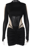 Black Sexy Solid Mesh Half A Turtleneck Pencil Skirt Dresses