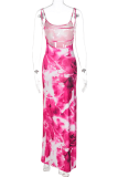 Rose Red Sexy Patchwork Tie-dye Spaghetti Strap Pencil Skirt Dresses