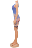 Blue Sexy Print Patchwork O Neck Pencil Skirt Dresses