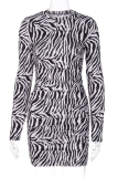 Zebra Fashion Animal Print Patchwork O Neck Pencil Skirt Dresses