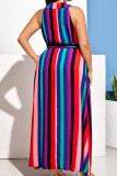 Colour Casual Striped Print Bandage Patchwork V Neck Straight Dresses
