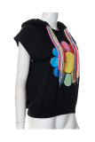 Black Casual Print Patchwork Draw String Hooded Collar Tops