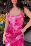 Rose Red Sexy Patchwork Tie-dye Spaghetti Strap Pencil Skirt Dresses