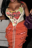 Apricot Sexy Print Patchwork U Neck Tops