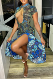 Blue Sexy Print Hollowed Out O Neck Shirt Dress Dresses