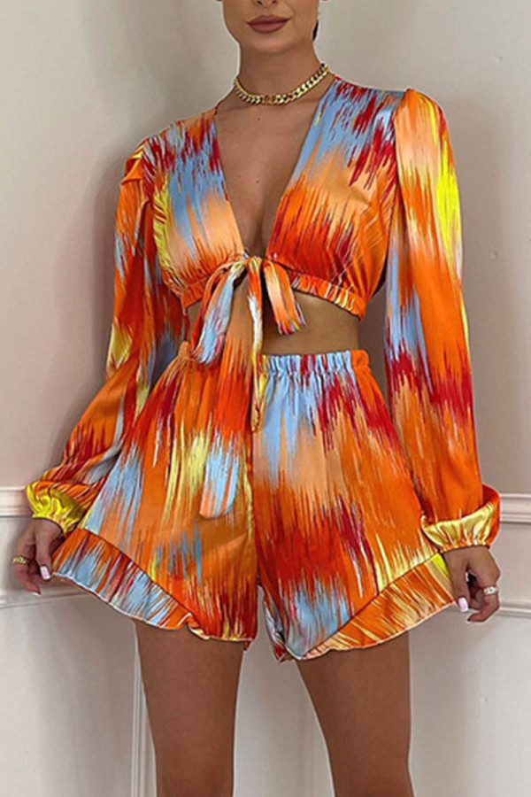 Orange Red Sexy Print Bandage Patchwork V Neck Long Sleeve Two Pieces
