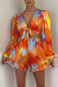 Orange Red Sexy Print Bandage Patchwork V Neck Long Sleeve Two Pieces