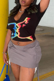 Black Sexy Print Patchwork U Neck T-Shirts
