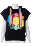 Black Casual Print Patchwork Draw String Hooded Collar Tops