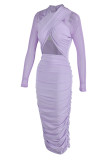 Light Purple Sexy Solid Hollowed Out Patchwork Pencil Skirt Dresses