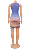 Blue Sexy Print Patchwork O Neck Pencil Skirt Dresses